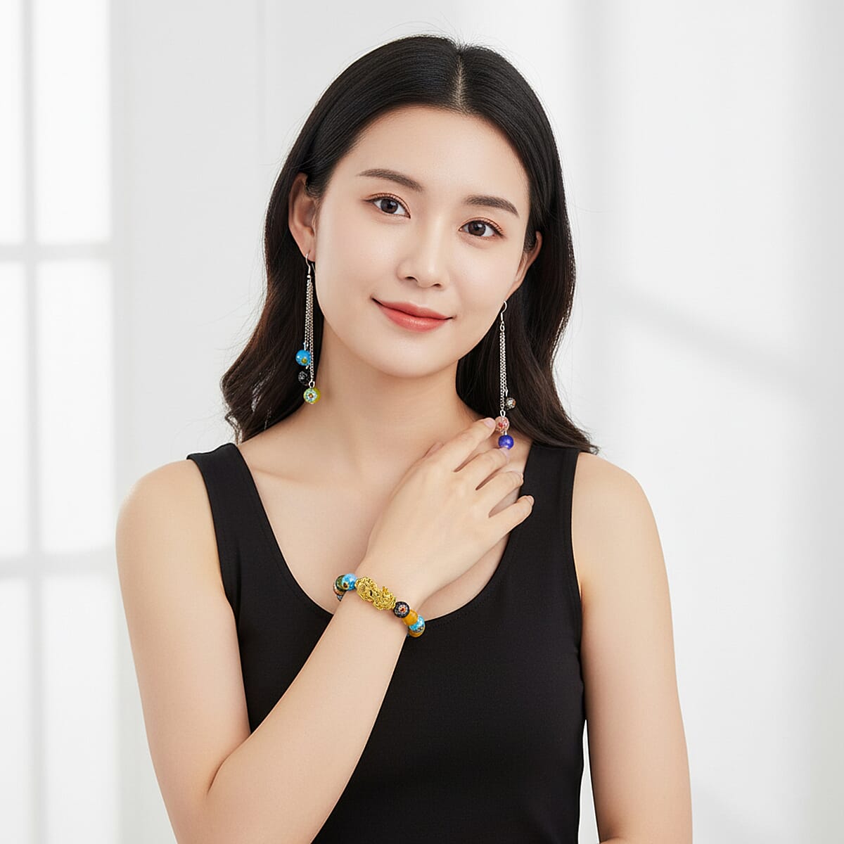 Multi Color Murano Style Beaded Stretch Bracelet with Pixiu Charm and Dangling Earrings in Goldtone and Stainless Steel image number 2