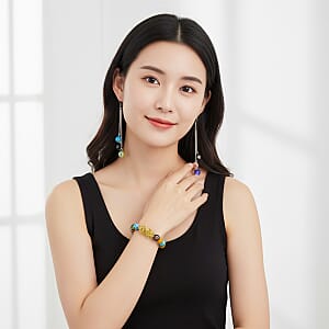 Multi Color Murano Style Beaded Stretch Bracelet with Pixiu Charm and Dangling Earrings in Goldtone and Stainless Steel