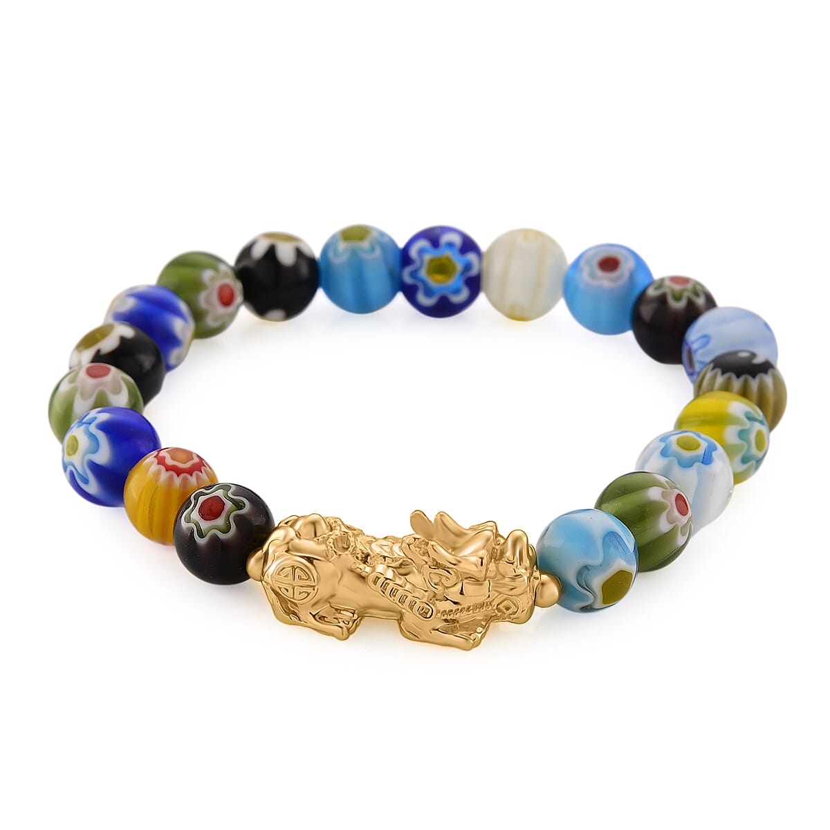 Multi Color Murano Style Beaded Stretch Bracelet with Pixiu Charm and Dangling Earrings in Goldtone and Stainless Steel image number 3