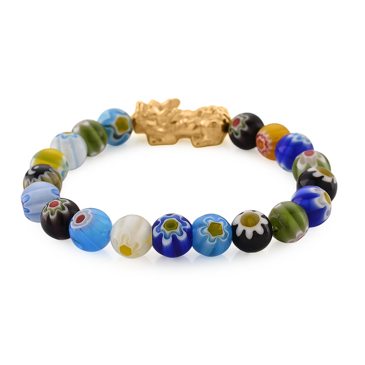 Multi Color Murano Style Beaded Stretch Bracelet with Pixiu Charm and Dangling Earrings in Goldtone and Stainless Steel image number 4