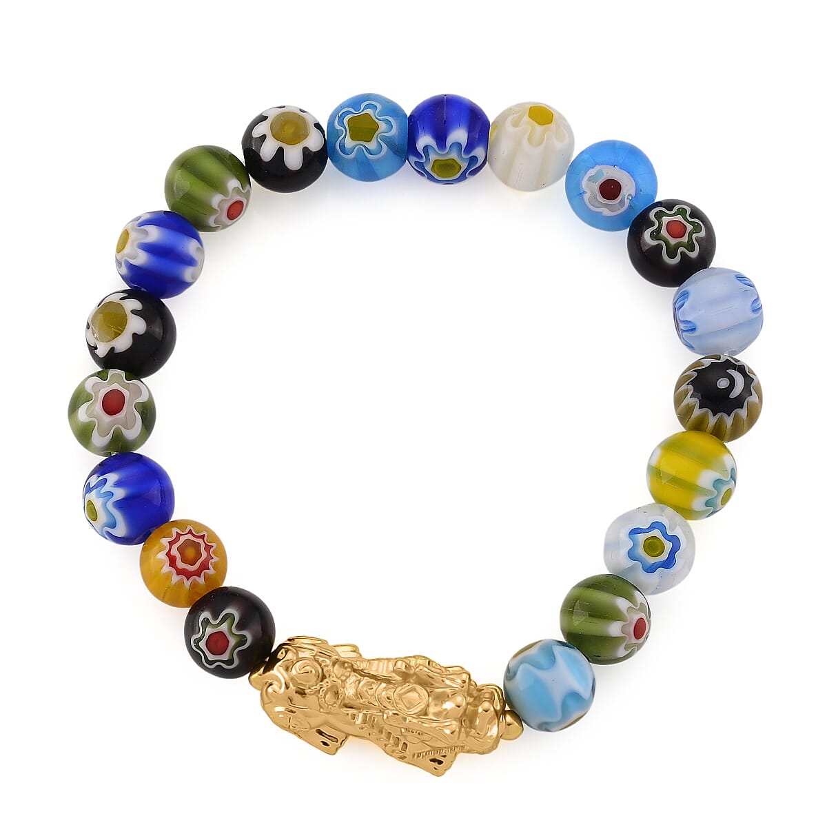 Multi Color Murano Style Beaded Stretch Bracelet with Pixiu Charm and Dangling Earrings in Goldtone and Stainless Steel image number 5