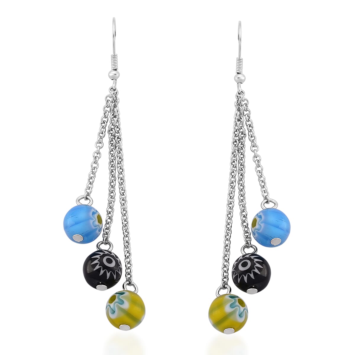 Multi Color Murano Style Beaded Stretch Bracelet with Pixiu Charm and Dangling Earrings in Goldtone and Stainless Steel image number 6