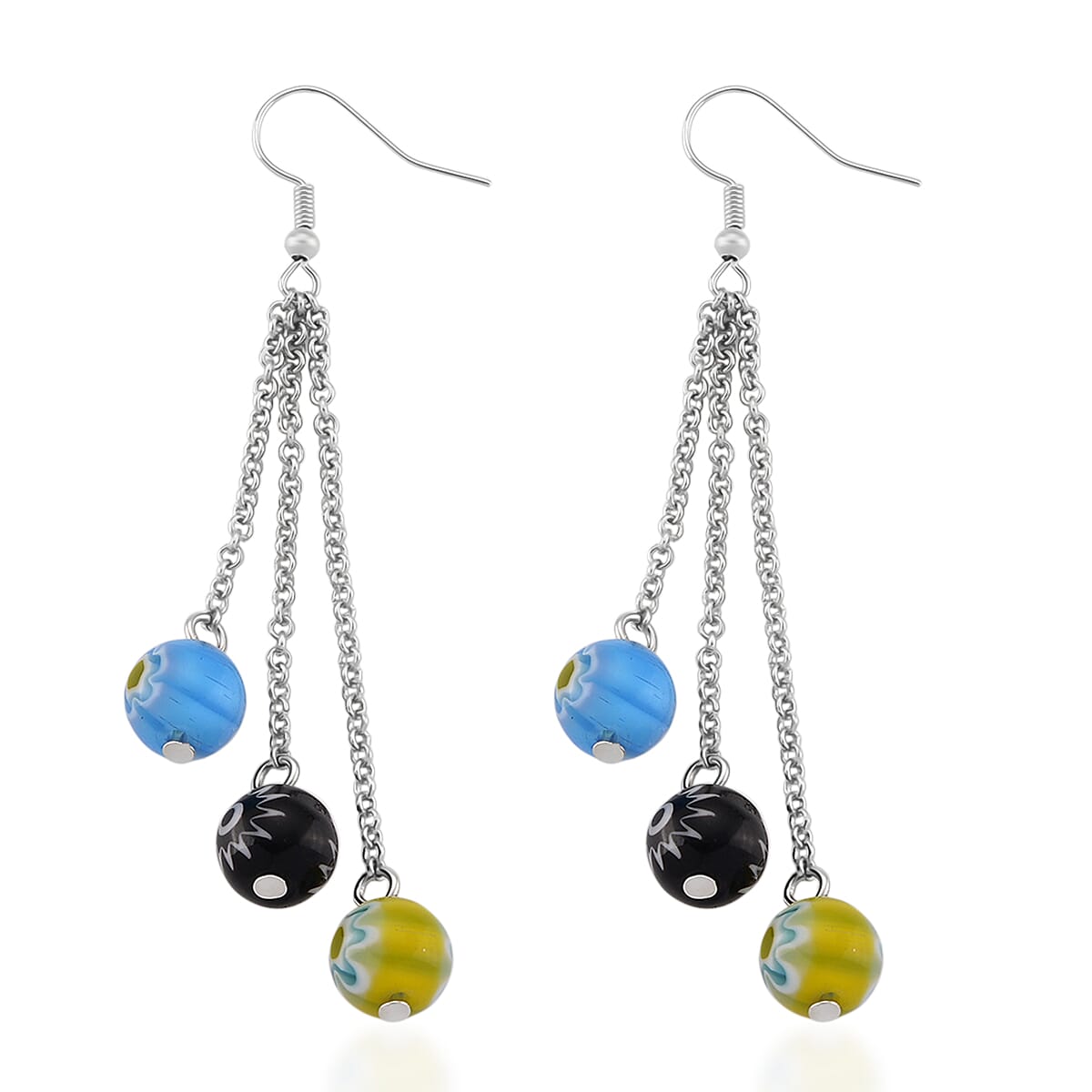 Multi Color Murano Style Beaded Stretch Bracelet with Pixiu Charm and Dangling Earrings in Goldtone and Stainless Steel image number 7