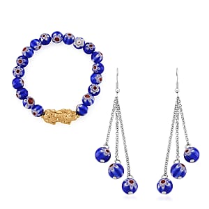 Blue Color Murano Style Beaded Stretch Bracelet with  Pixiu Charm and Dangling Earrings in Goldtone and Stainless Steel