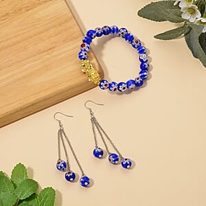 Blue Color Murano Style Beaded Stretch Bracelet with  Pixiu Charm and Dangling Earrings in Goldtone and Stainless Steel