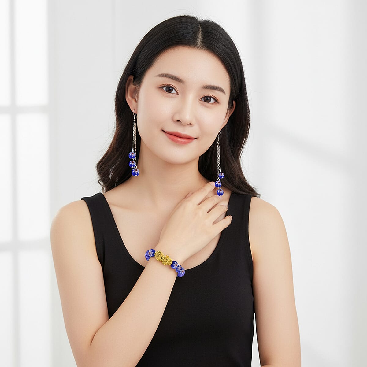 Blue Color Murano Style Beaded Stretch Bracelet with  Pixiu Charm and Dangling Earrings in Goldtone and Stainless Steel image number 2