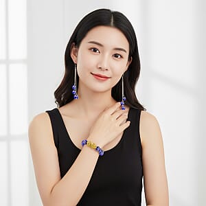 Blue Color Murano Style Beaded Stretch Bracelet with  Pixiu Charm and Dangling Earrings in Goldtone and Stainless Steel