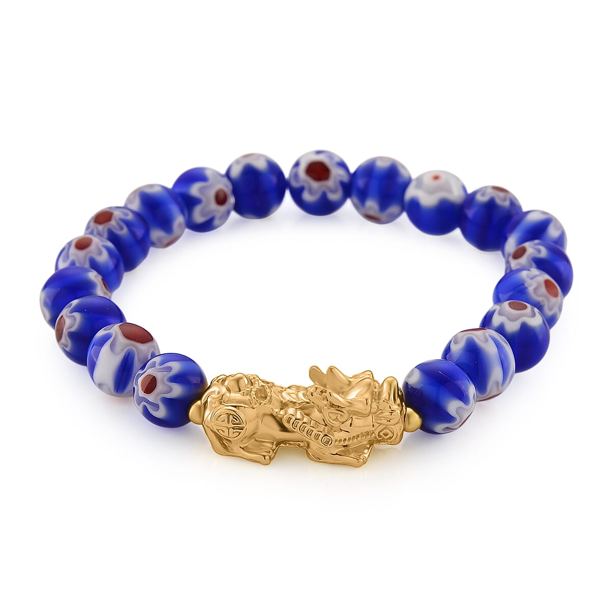 Blue Color Murano Style Beaded Stretch Bracelet with  Pixiu Charm and Dangling Earrings in Goldtone and Stainless Steel