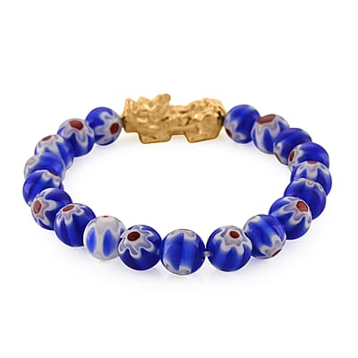 Blue Color Murano Style Beaded Stretch Bracelet with  Pixiu Charm and Dangling Earrings in Goldtone and Stainless Steel