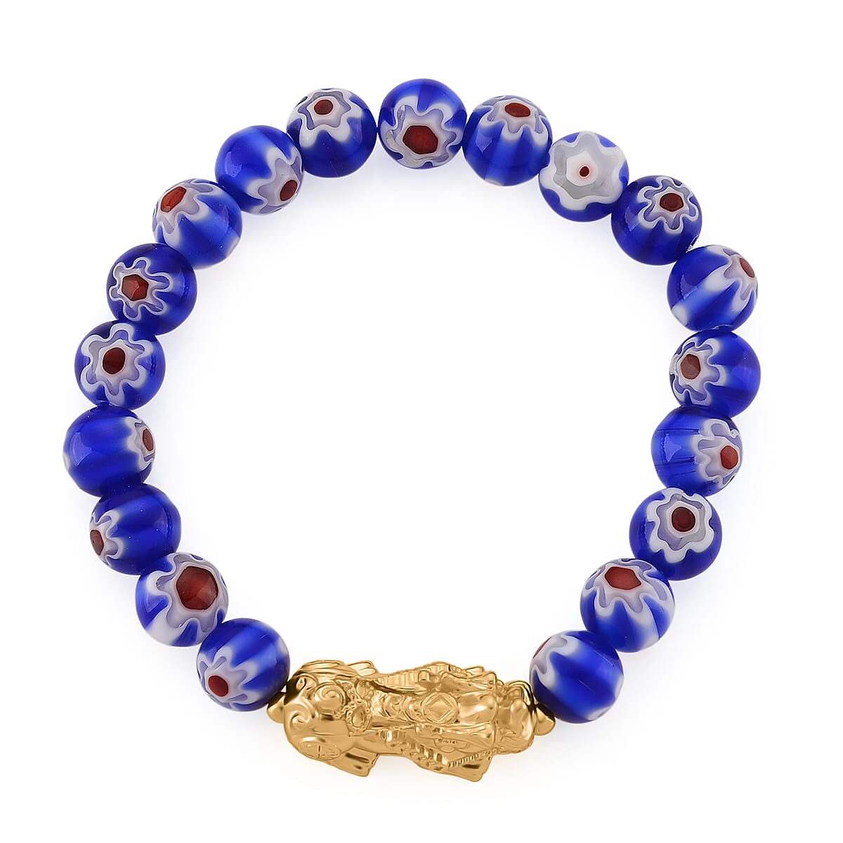 Blue Color Murano Style Beaded Stretch Bracelet with  Pixiu Charm and Dangling Earrings in Goldtone and Stainless Steel