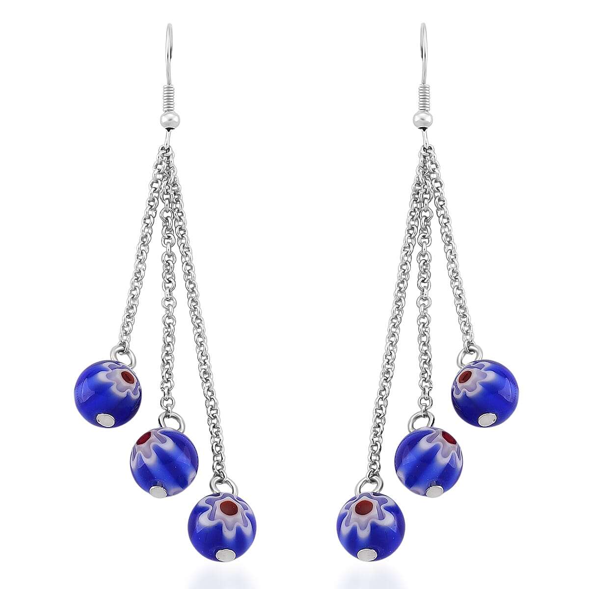 Blue Color Murano Style Beaded Stretch Bracelet with  Pixiu Charm and Dangling Earrings in Goldtone and Stainless Steel