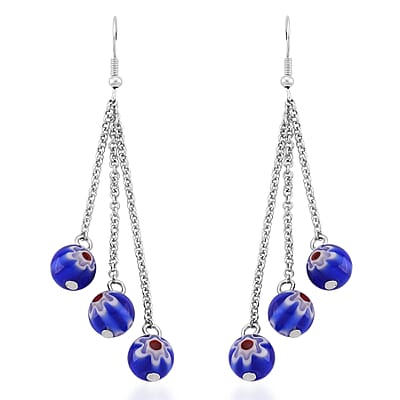 Blue Color Murano Style Beaded Stretch Bracelet with  Pixiu Charm and Dangling Earrings in Goldtone and Stainless Steel