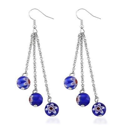 Blue Color Murano Style Beaded Stretch Bracelet with  Pixiu Charm and Dangling Earrings in Goldtone and Stainless Steel