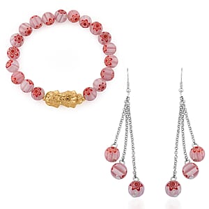 Pink Color Murano Style Beaded Stretch Bracelet with  Pixiu Charm and Dangling Earrings in Goldtone and Stainless Steel