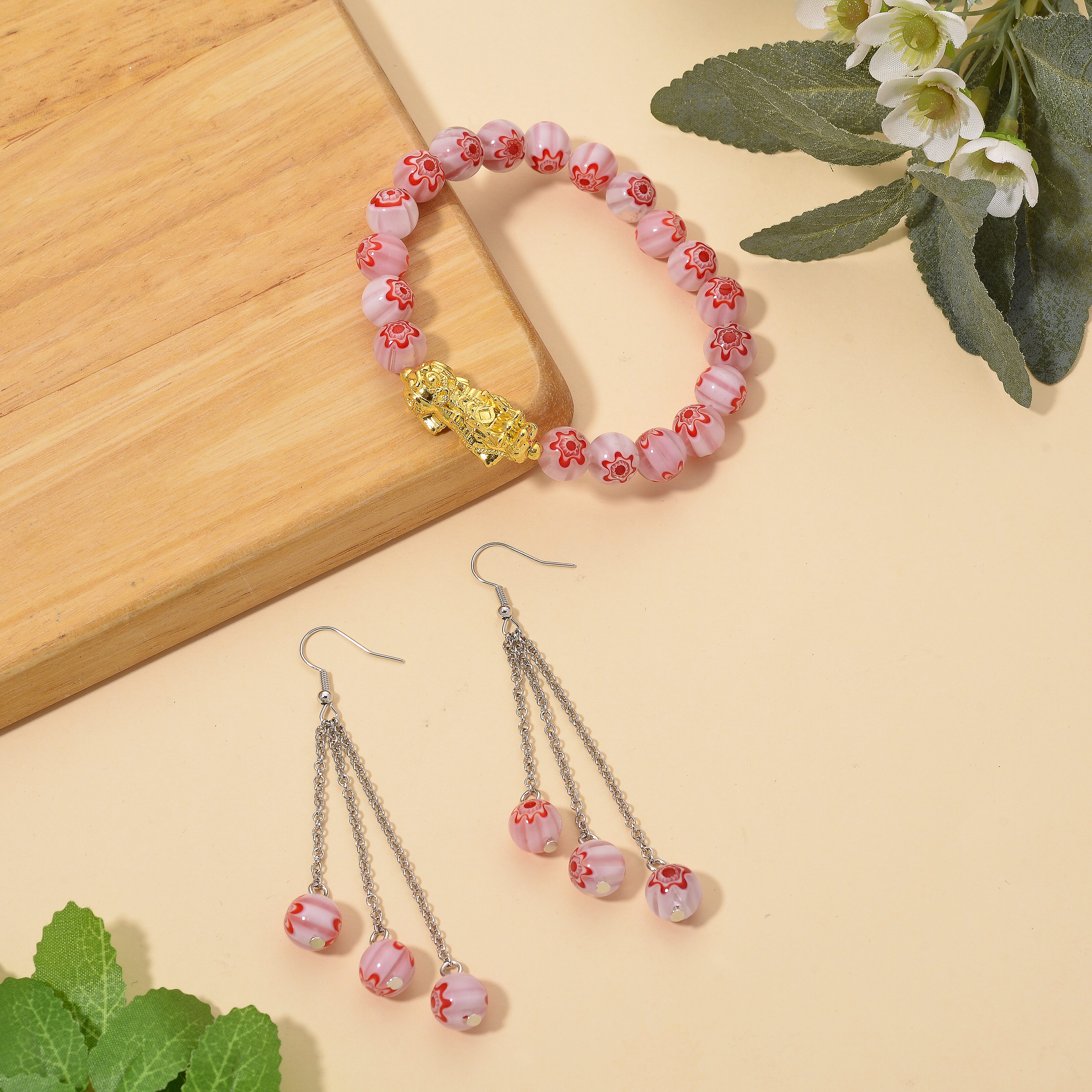 Pink Color Murano Style Beaded Stretch Bracelet with  Pixiu Charm and Dangling Earrings in Goldtone and Stainless Steel