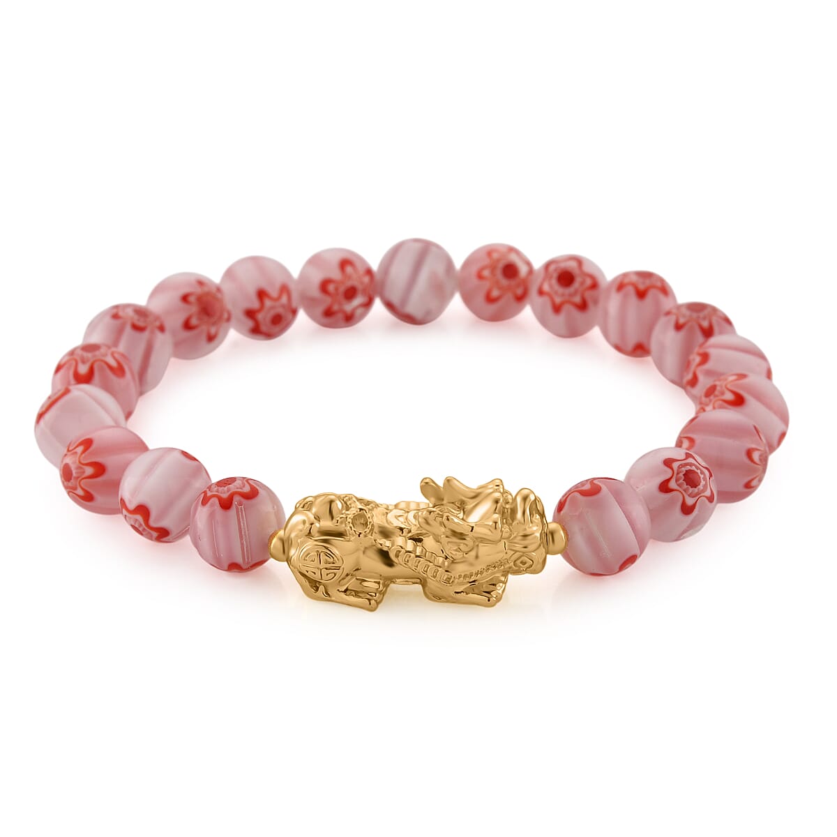 Pink Color Murano Style Beaded Stretch Bracelet with  Pixiu Charm and Dangling Earrings in Goldtone and Stainless Steel image number 2