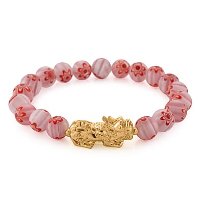 Pink Color Murano Style Beaded Stretch Bracelet with  Pixiu Charm and Dangling Earrings in Goldtone and Stainless Steel