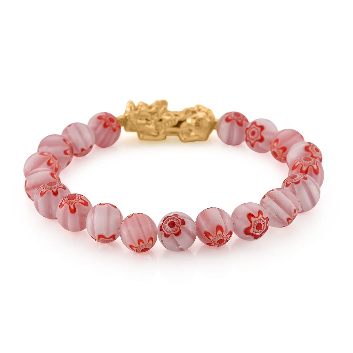Pink Color Murano Style Beaded Stretch Bracelet with  Pixiu Charm and Dangling Earrings in Goldtone and Stainless Steel image number 3