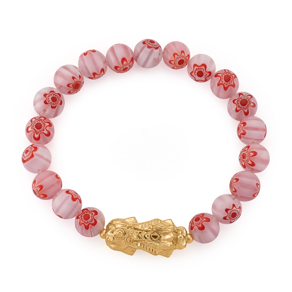 Pink Color Murano Style Beaded Stretch Bracelet with  Pixiu Charm and Dangling Earrings in Goldtone and Stainless Steel image number 4