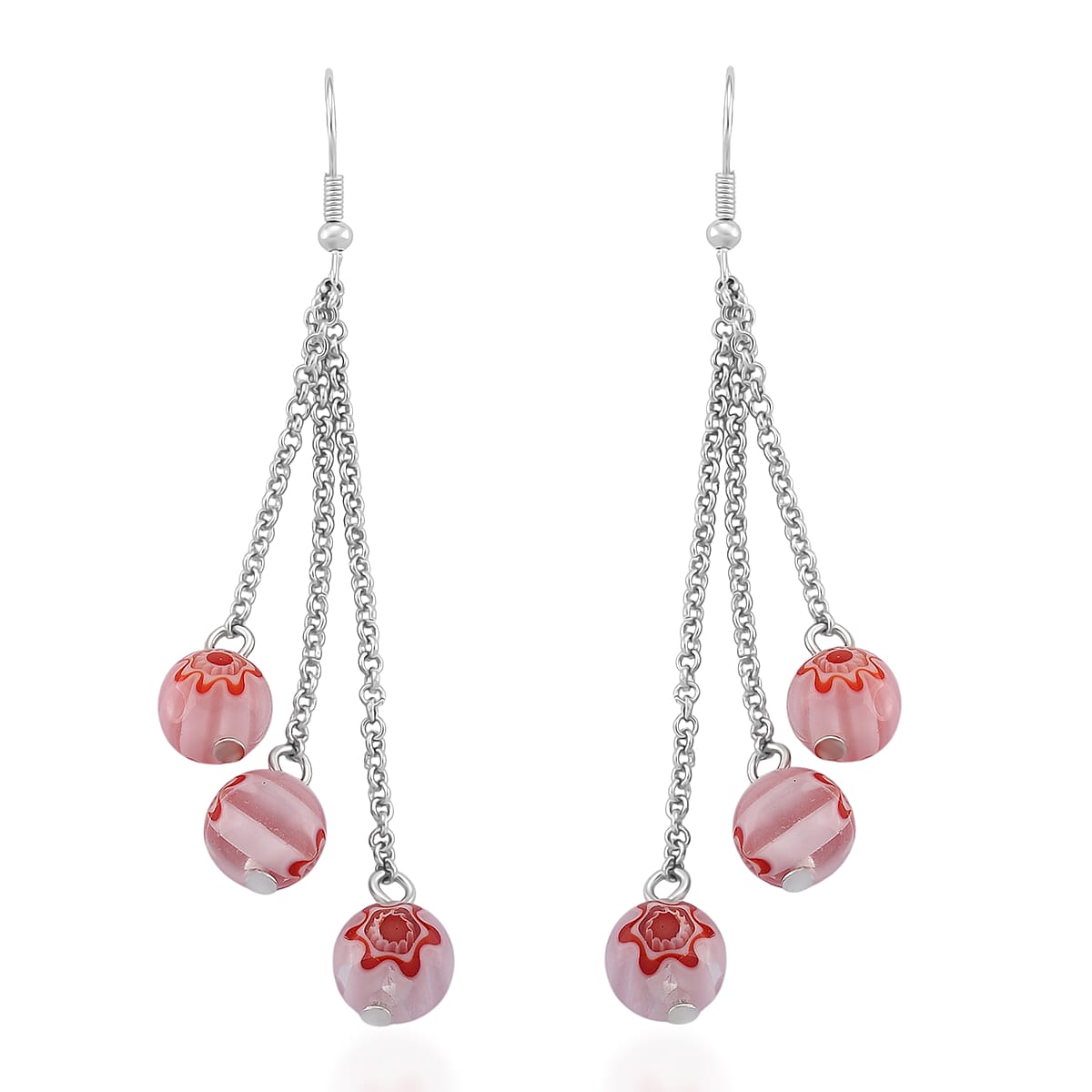 Pink Color Murano Style Beaded Stretch Bracelet with  Pixiu Charm and Dangling Earrings in Goldtone and Stainless Steel image number 5