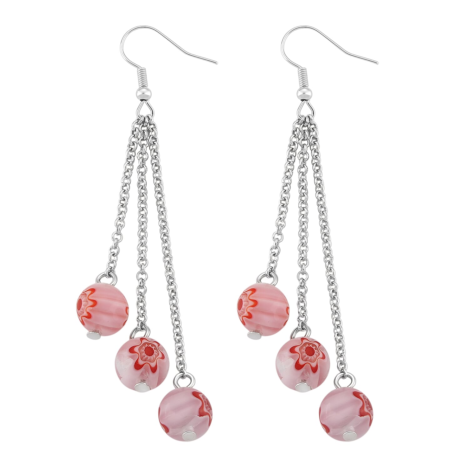 Pink Color Murano Style Beaded Stretch Bracelet with  Pixiu Charm and Dangling Earrings in Goldtone and Stainless Steel