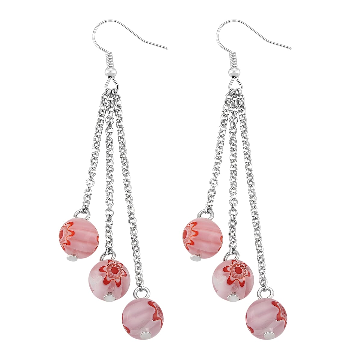 Pink Color Murano Style Beaded Stretch Bracelet with  Pixiu Charm and Dangling Earrings in Goldtone and Stainless Steel image number 6