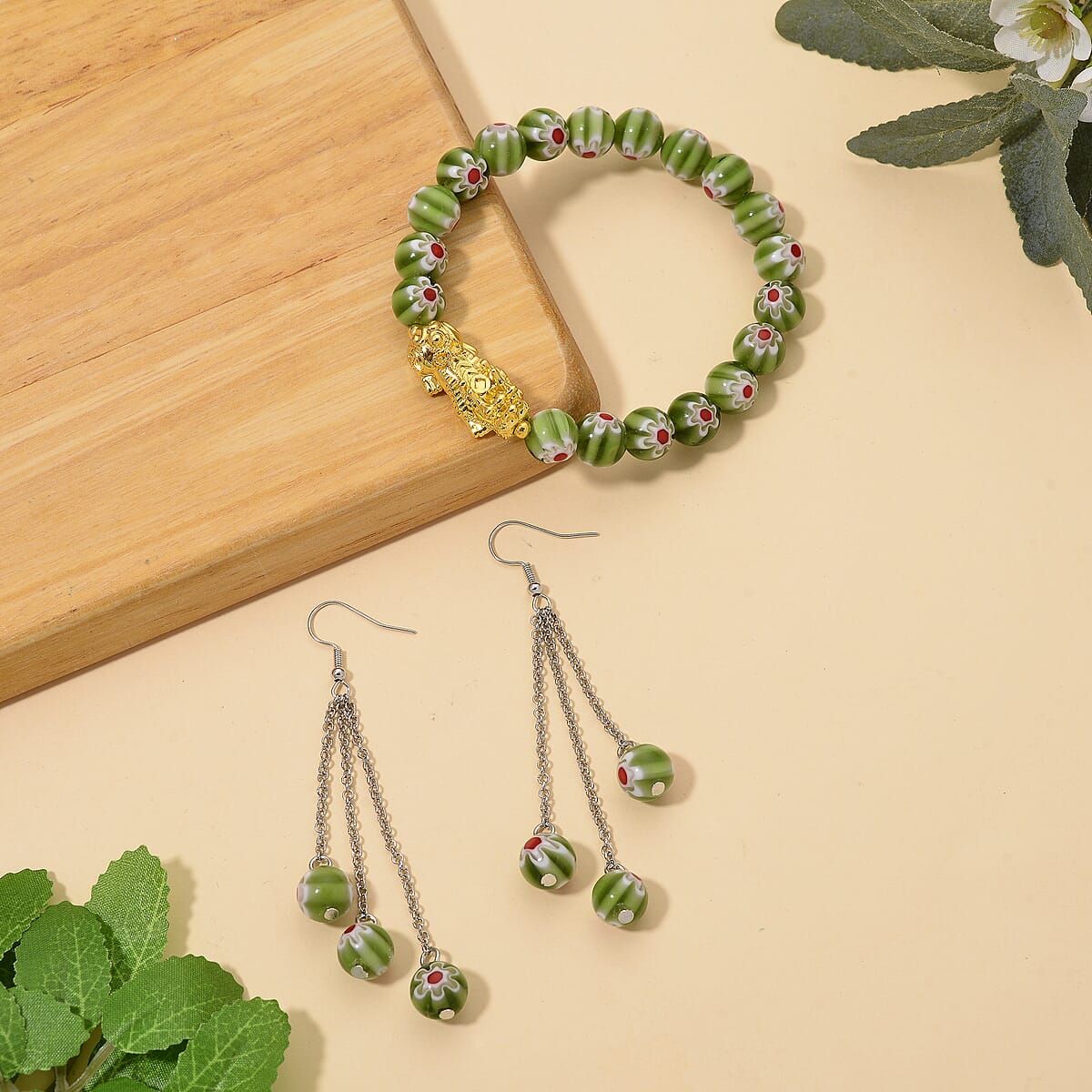 Green Color Murano Style Beaded Stretch Bracelet with  Pixiu Charm and Dangling Earrings in Goldtone and Stainless Steel image number 1