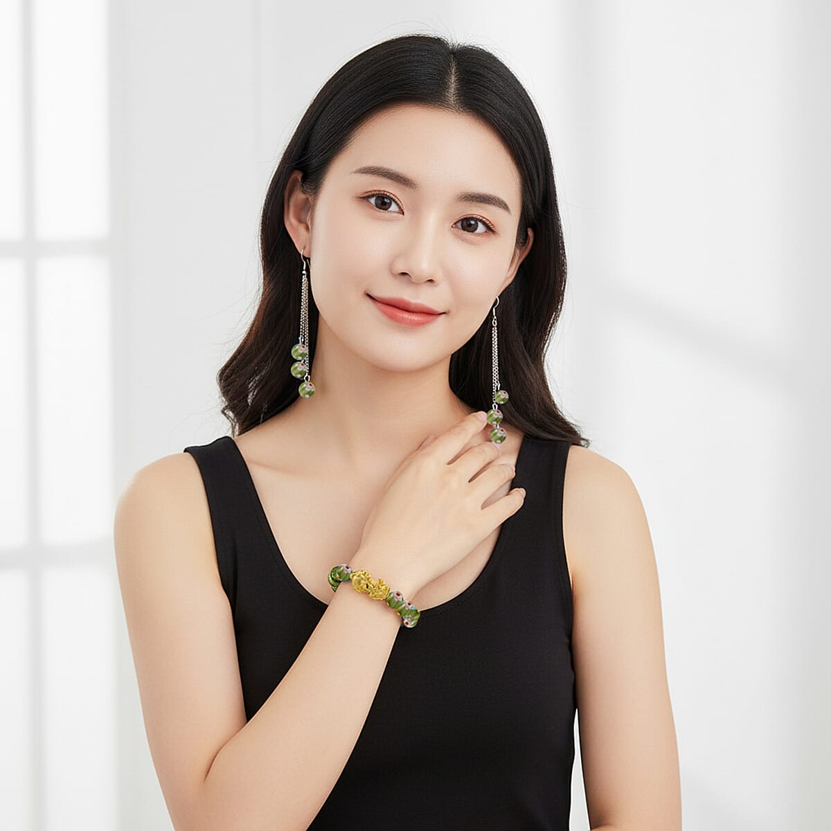 Green Color Murano Style Beaded Stretch Bracelet with  Pixiu Charm and Dangling Earrings in Goldtone and Stainless Steel image number 2