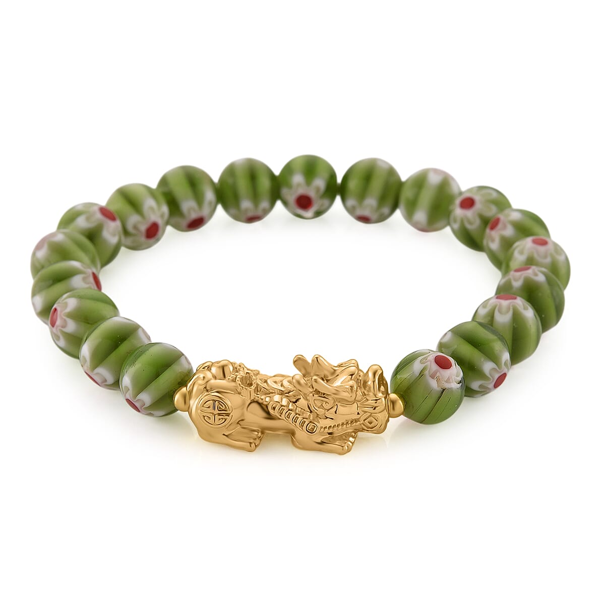 Green Color Murano Style Beaded Stretch Bracelet with  Pixiu Charm and Dangling Earrings in Goldtone and Stainless Steel image number 3