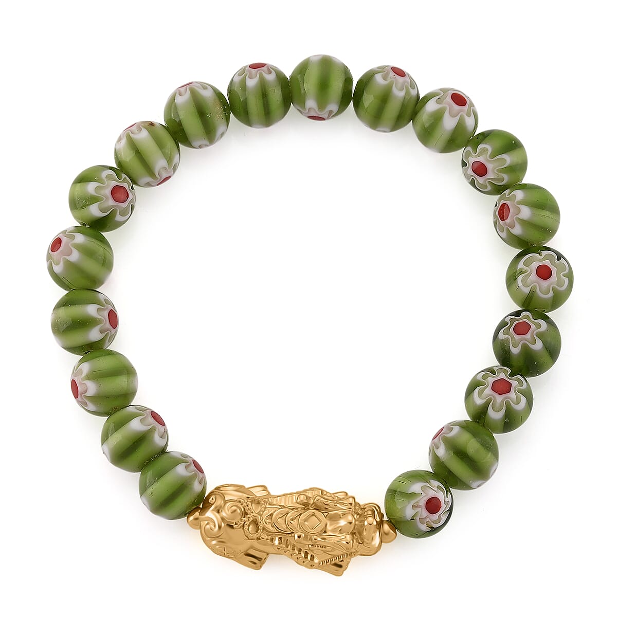Green Color Murano Style Beaded Stretch Bracelet with  Pixiu Charm and Dangling Earrings in Goldtone and Stainless Steel image number 5