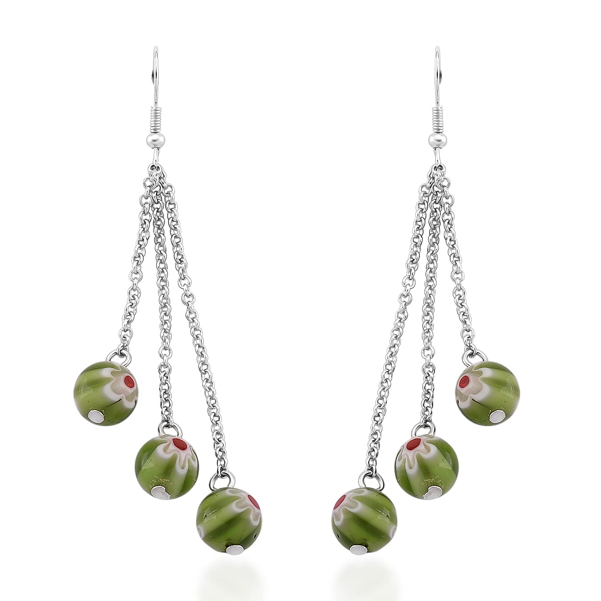 Green Color Murano Style Beaded Stretch Bracelet with  Pixiu Charm and Dangling Earrings in Goldtone and Stainless Steel image number 6