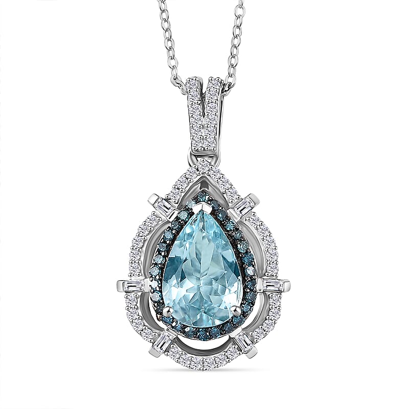 D'Joy Premium Mangoro Aquamarine, Blue Diamond and Diamond 1.90 ctw Radial Architecture Pendant Necklace in Rhodium Over Sterling Silver 20 Inches