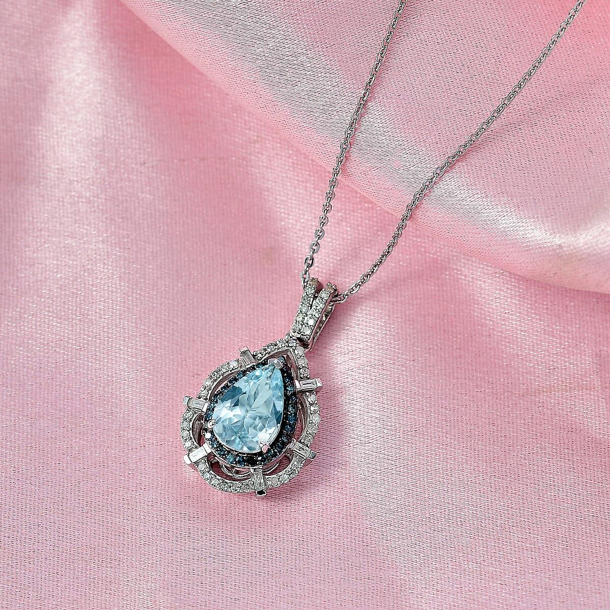 D'Joy Premium Mangoro Aquamarine, Blue Diamond and Diamond 1.90 ctw Pendant Necklace in Rhodium Over Sterling Silver 20 Inches image number 1