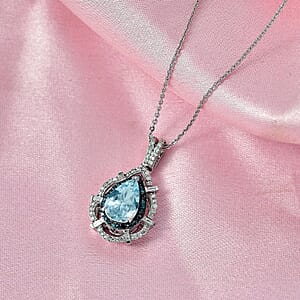 D'Joy Premium Mangoro Aquamarine, Blue Diamond and Diamond 1.90 ctw Radial Architecture Pendant Necklace in Rhodium Over Sterling Silver 20 Inches