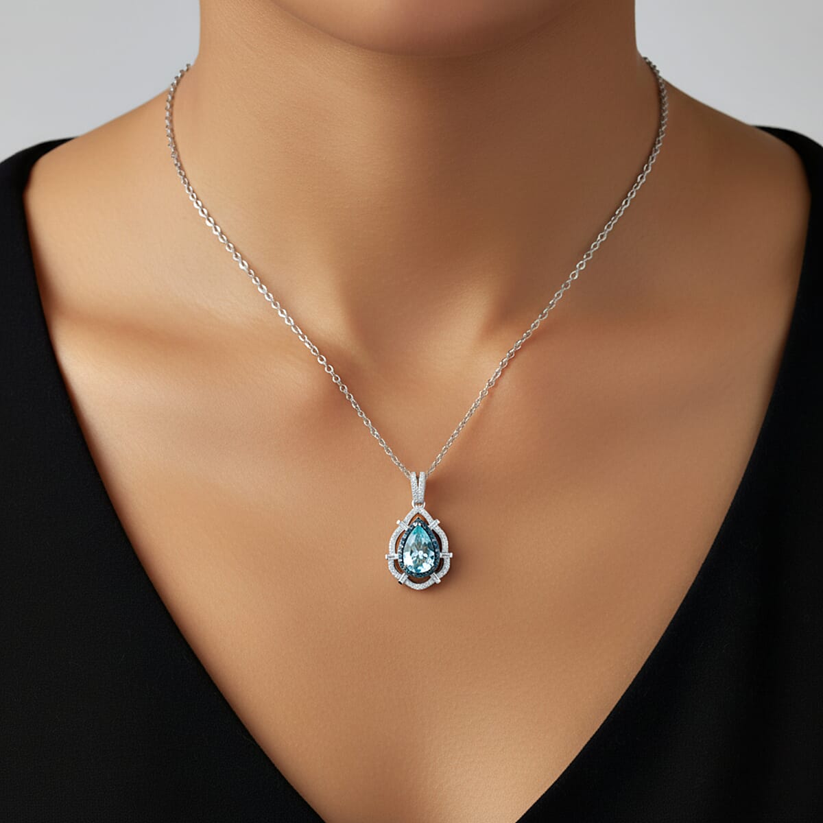 D'Joy Premium Mangoro Aquamarine, Blue Diamond and Diamond 1.90 ctw Pendant Necklace in Rhodium Over Sterling Silver 20 Inches image number 2