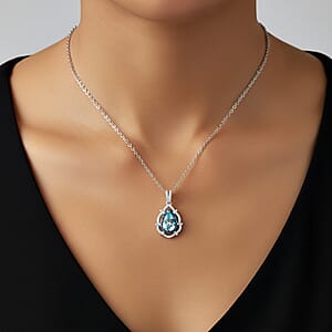 D'Joy Premium Mangoro Aquamarine, Blue Diamond and Diamond 1.90 ctw Radial Architecture Pendant Necklace in Rhodium Over Sterling Silver 20 Inches