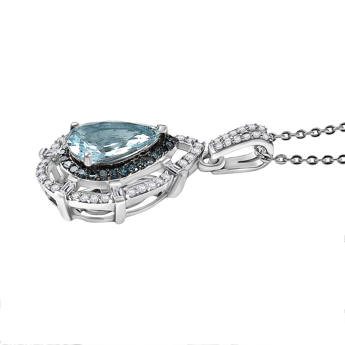 D'Joy Premium Mangoro Aquamarine, Blue Diamond and Diamond 1.90 ctw Pendant Necklace in Rhodium Over Sterling Silver 20 Inches image number 3