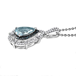 D'Joy Premium Mangoro Aquamarine, Blue Diamond and Diamond 1.90 ctw Radial Architecture Pendant Necklace in Rhodium Over Sterling Silver 20 Inches