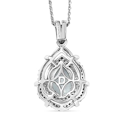 D'Joy Premium Mangoro Aquamarine, Blue Diamond and Diamond 1.90 ctw Radial Architecture Pendant Necklace in Rhodium Over Sterling Silver 20 Inches