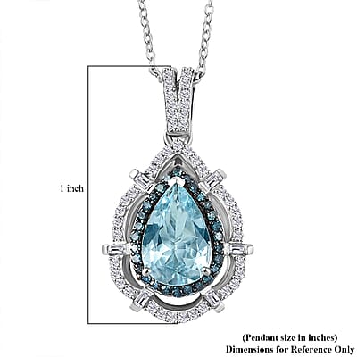 D'Joy Premium Mangoro Aquamarine, Blue Diamond and Diamond 1.90 ctw Radial Architecture Pendant Necklace in Rhodium Over Sterling Silver 20 Inches