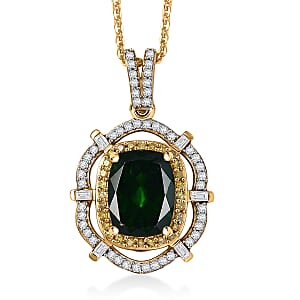 D'Joy Premium Chrome Diopside, Yellow Diamond (IR) and Diamond 2.50 ctw Pendant Necklace in 18K Vermeil Yellow Gold Over Sterling Silver 20 Inches 