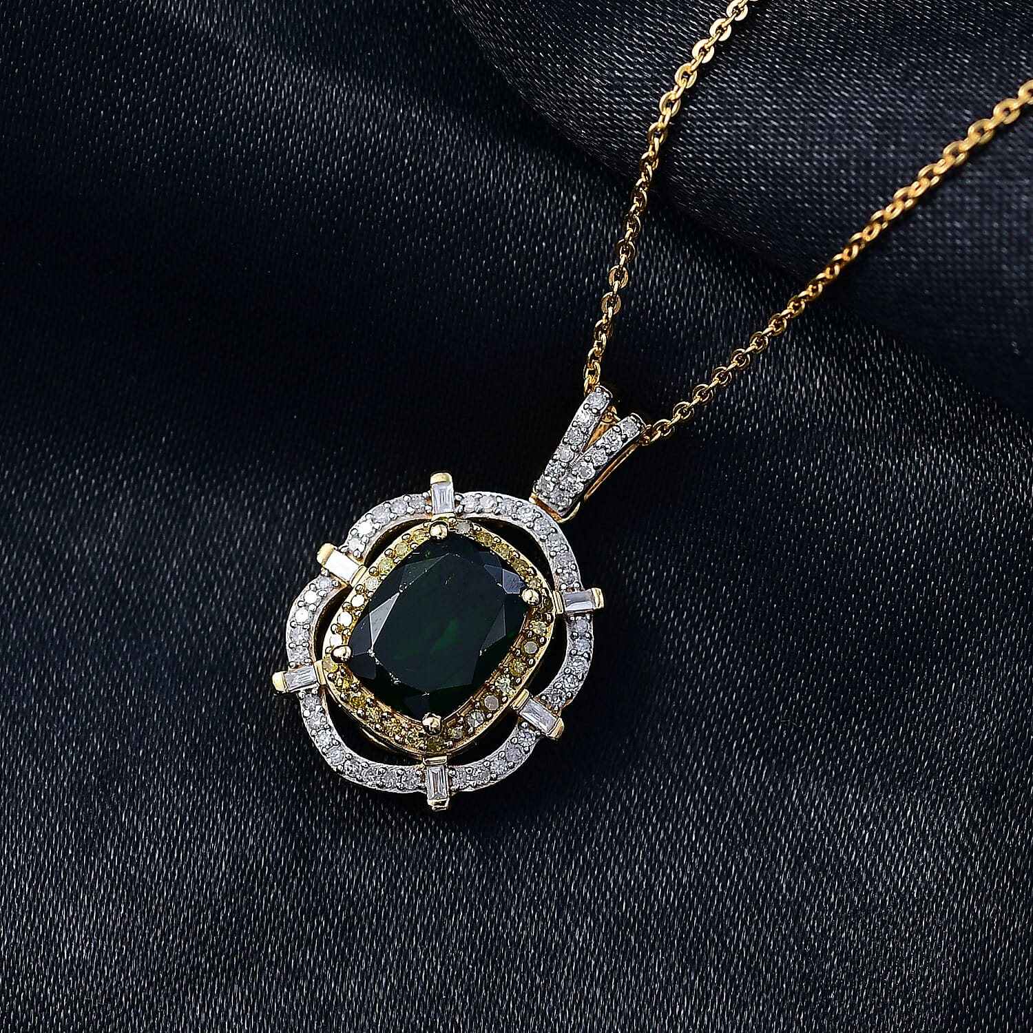 D'Joy Premium Chrome Diopside, Yellow and White Diamond 2.50 ctw Radial Architecture Pendant Necklace in 18K Vermeil Yellow Gold Over Sterling Silver 20 Inches