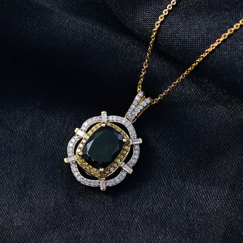 D'Joy Premium Chrome Diopside, Yellow and White Diamond 2.50 ctw Radial Architecture Pendant Necklace in 18K Vermeil Yellow Gold Over Sterling Silver 20 Inches