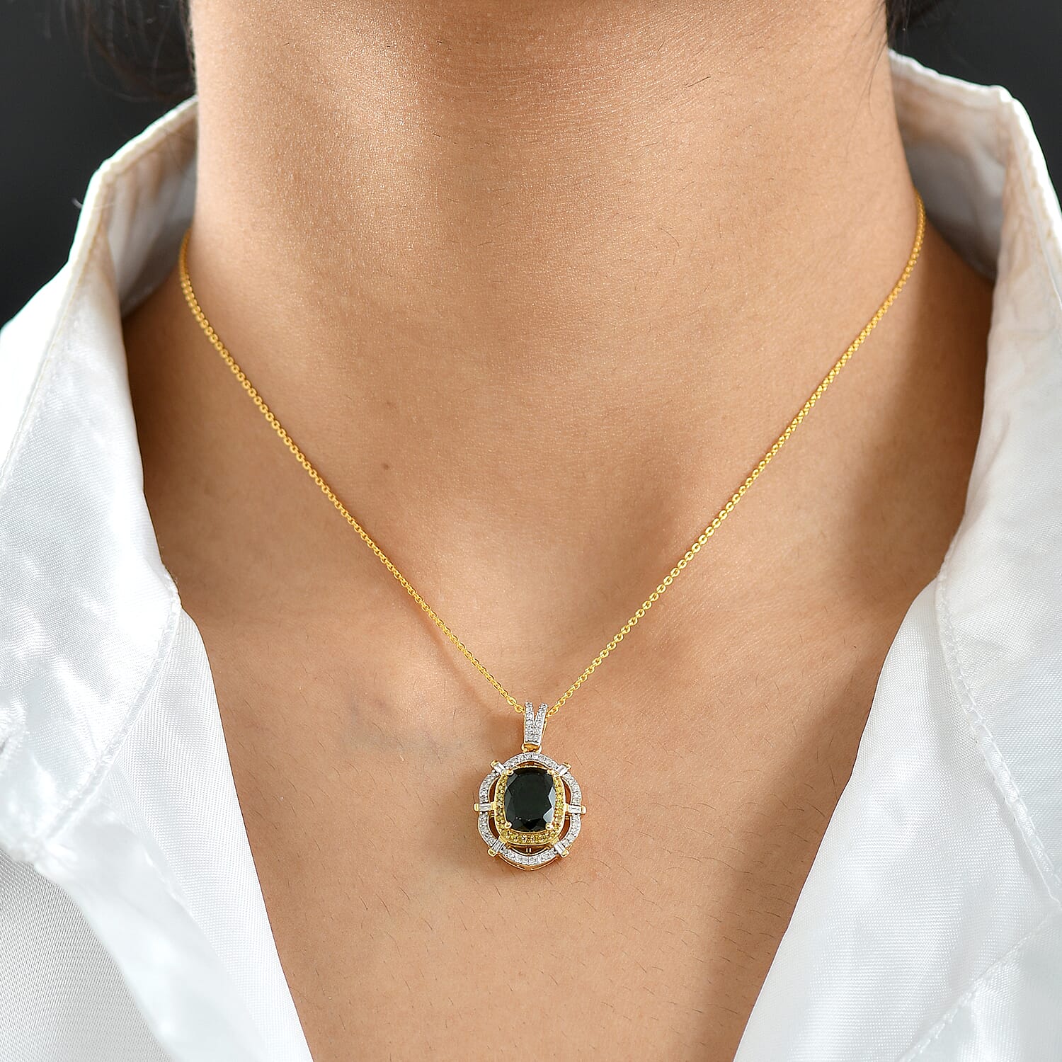 D'Joy Premium Chrome Diopside, Yellow and White Diamond 2.50 ctw Radial Architecture Pendant Necklace in 18K Vermeil Yellow Gold Over Sterling Silver 20 Inches
