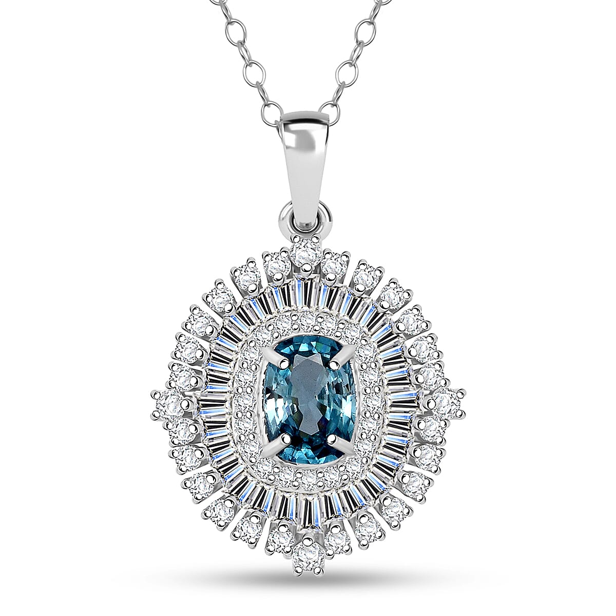 D'Joy Premium Cambodian Blue Zircon and Moissanite 3.50 ctw Regal Halo Pendant Necklace in Rhodium Over Sterling Silver 20 Inches image number 0