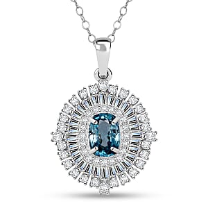 D'Joy Premium Cambodian Blue Zircon and Moissanite 3.50 ctw Regal Halo Pendant Necklace in Rhodium Over Sterling Silver 20 Inches