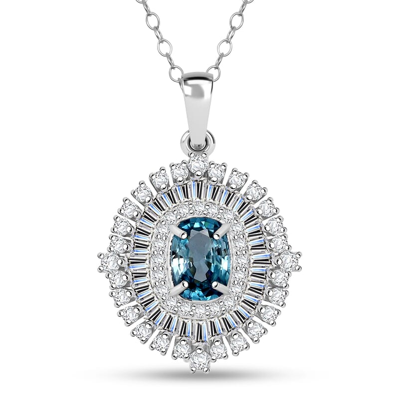 D'Joy Premium Cambodian Blue Zircon and Moissanite 3.50 ctw Regal Halo Pendant Necklace in Rhodium Over Sterling Silver 20 Inches