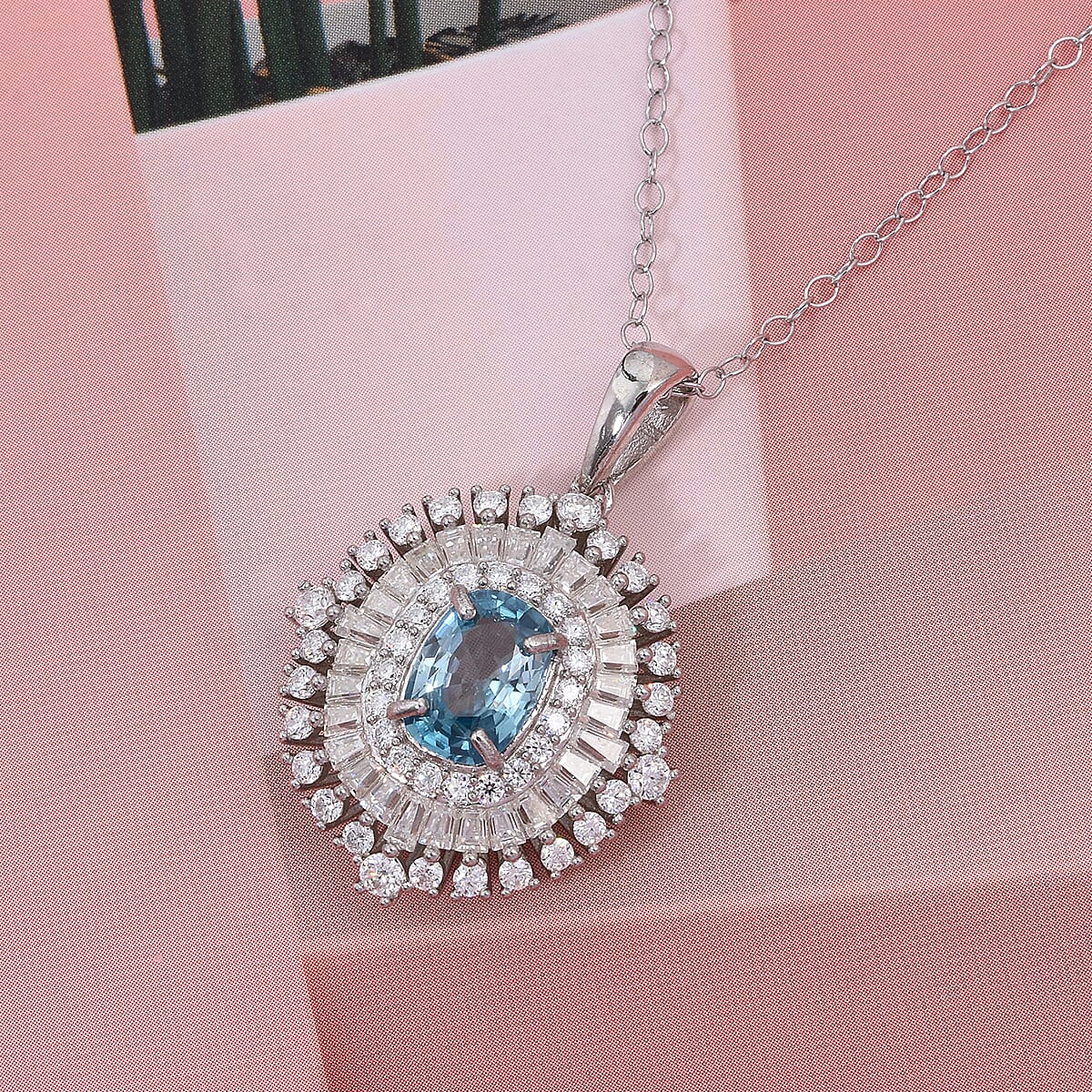 D'Joy Premium Cambodian Blue Zircon and Moissanite 3.50 ctw Regal Halo Pendant Necklace in Rhodium Over Sterling Silver 20 Inches image number 1