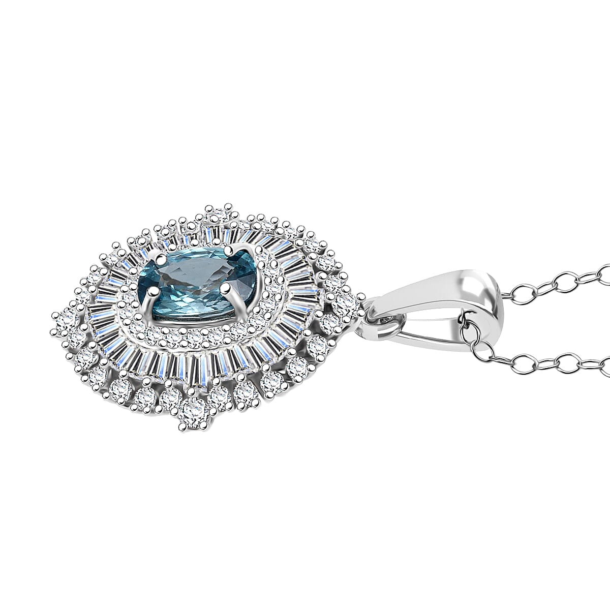 D'Joy Premium Cambodian Blue Zircon and Moissanite 3.50 ctw Regal Halo Pendant Necklace in Rhodium Over Sterling Silver 20 Inches image number 3
