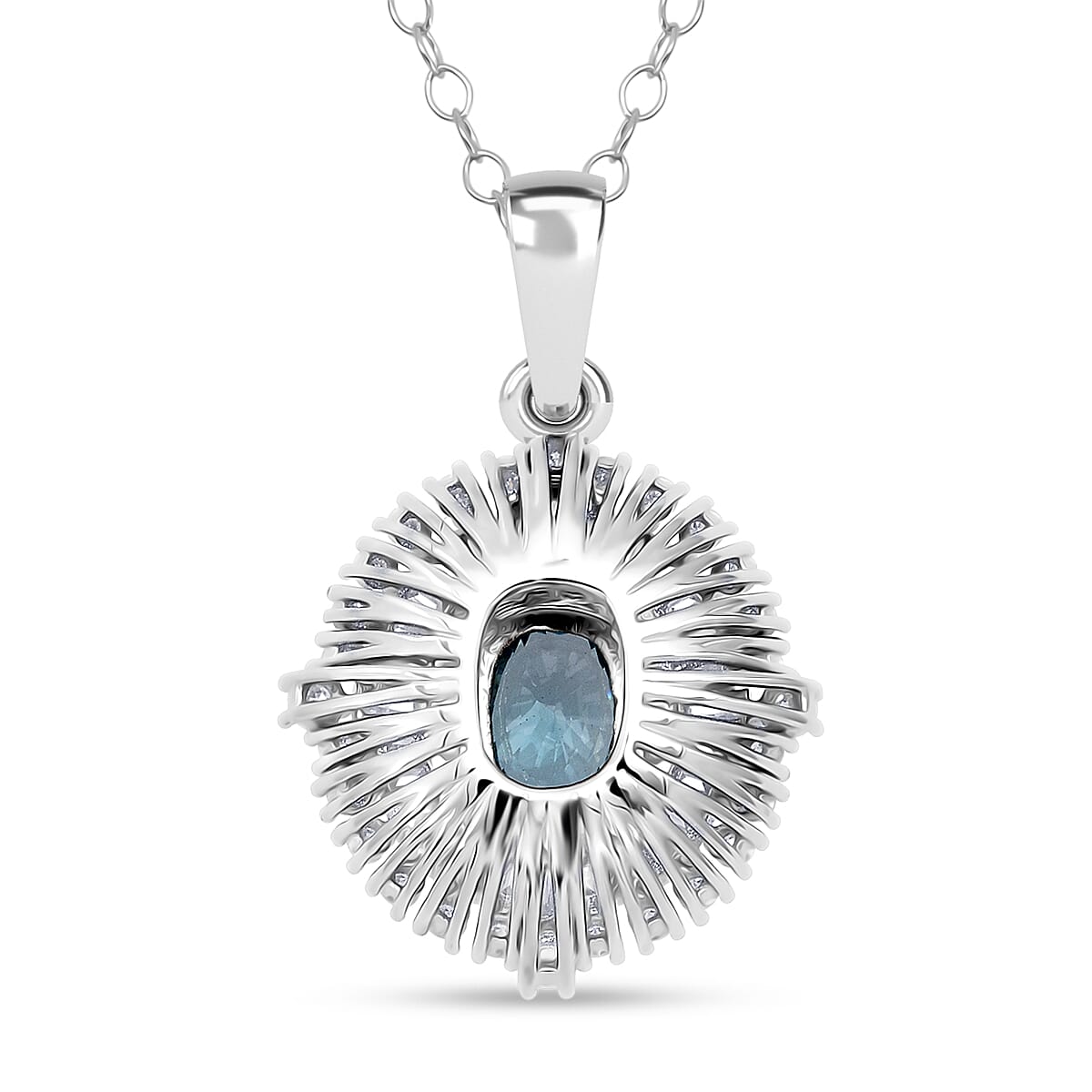 D'Joy Premium Cambodian Blue Zircon and Moissanite 3.50 ctw Regal Halo Pendant Necklace in Rhodium Over Sterling Silver 20 Inches image number 4